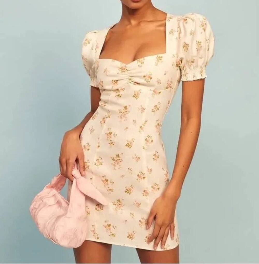 Reformation Gina 100% Linen Cream Floral Print Puff Sleeve Coquette Mini Dress 0
